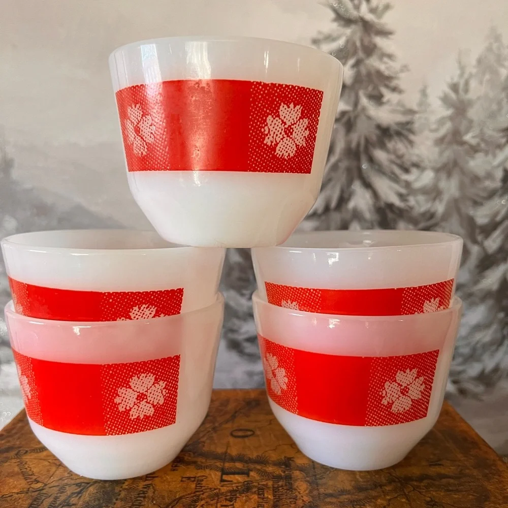 MCM Red Gingham Pudding Set by Federal Glass Co, Milk Glass